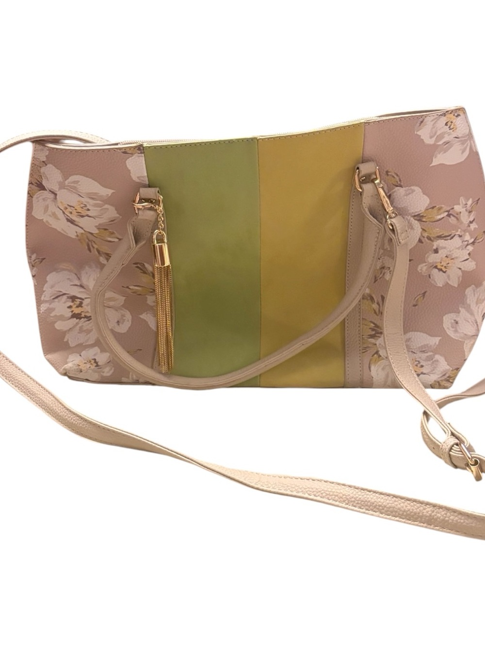 Cato Floral Panel Shoulder Bag in Beige and Green Panels